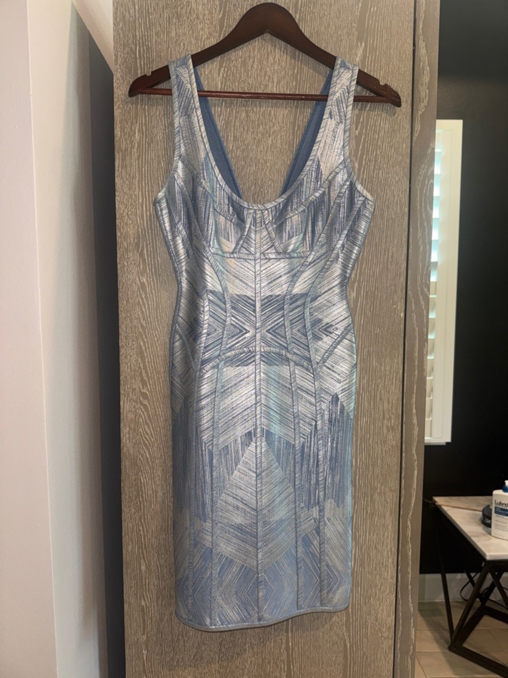 Herve Leger Light Blue Geometric Midi Bandage Dress